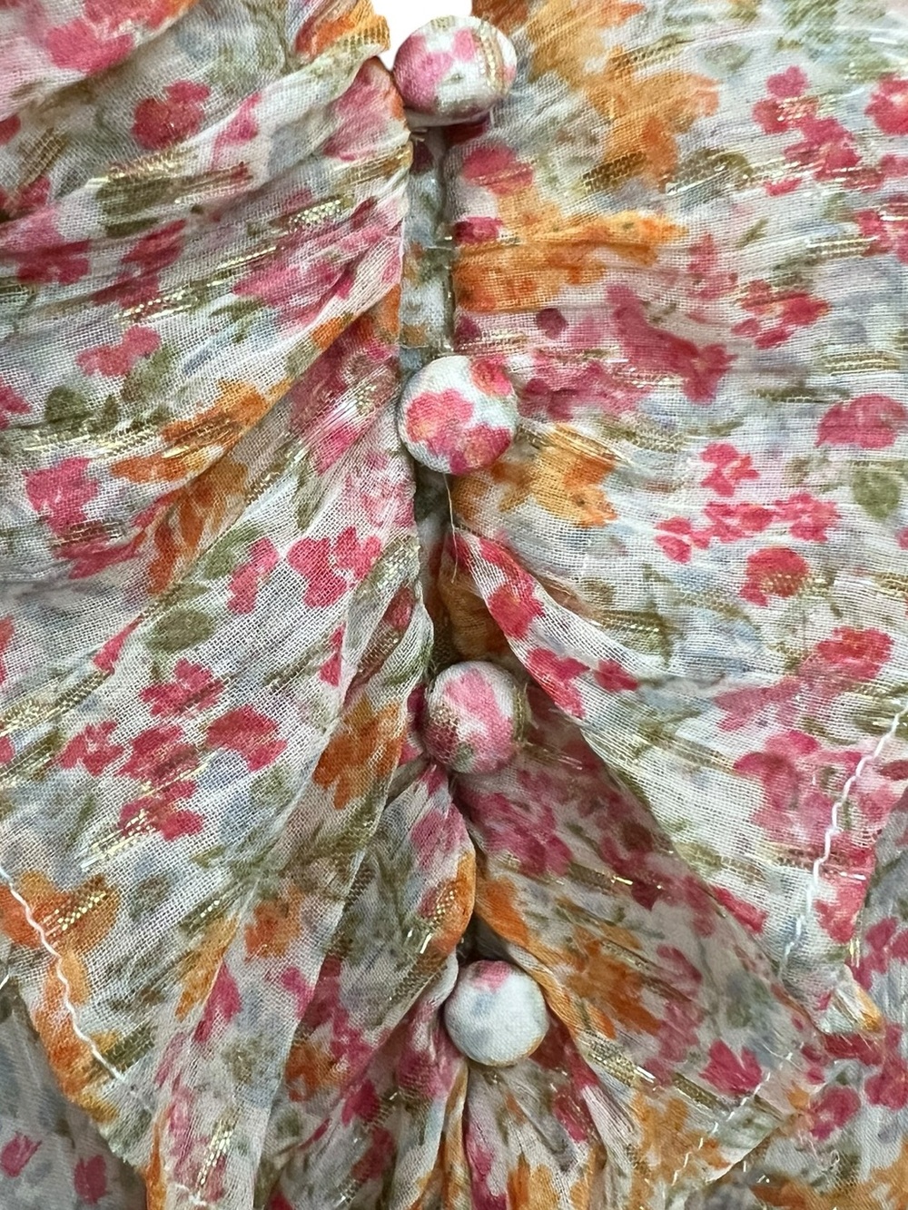 Parker Floral Ruffle Blouse Medium Cream/Pink/Orange/Green Gold Metallic Peplum - Picture 10 of 11